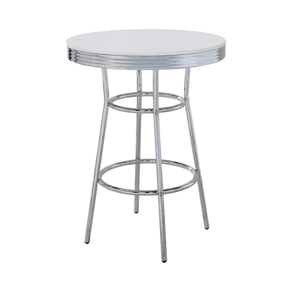 42 Inch Round Bar Table, Ribbed Apron, Glossy White Lacquer, Retro Style