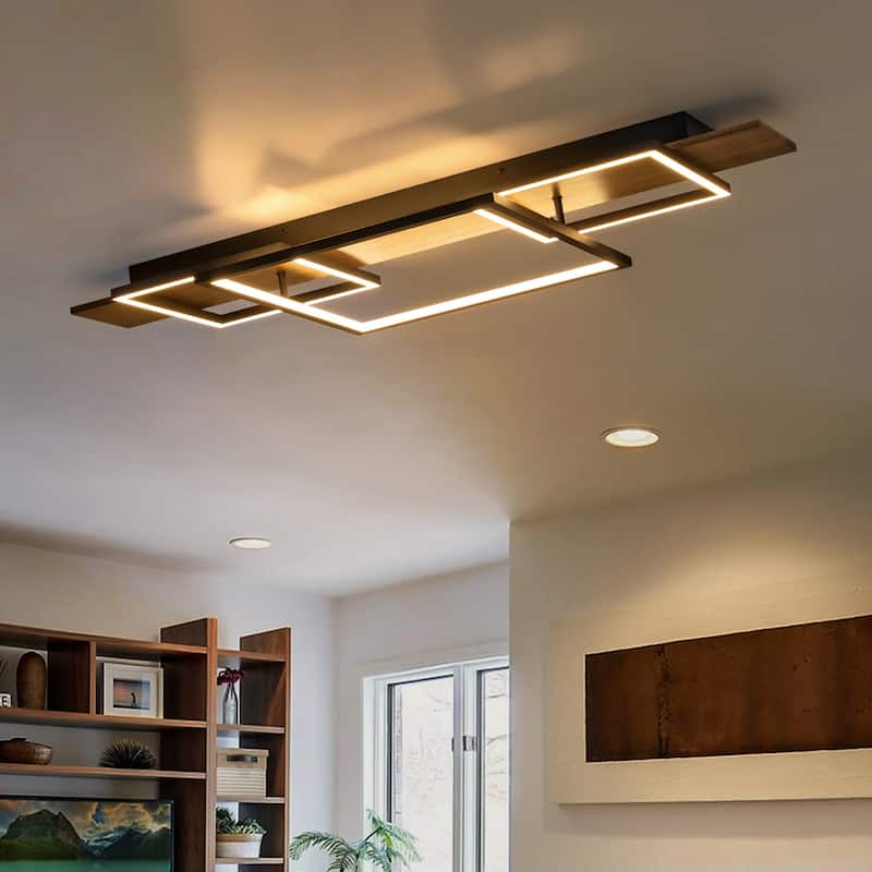Farmhouse 3-Light Integrated LED Rectangle Wood Flush Mount Ceiling Light - W37.4"