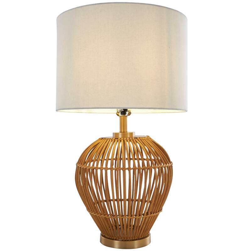 Brown Rattan Handmade Woven Open Frame Room Table Lamp with Gold Accents