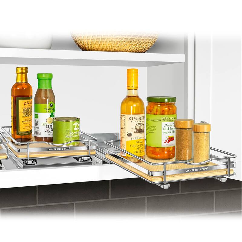 ® Élite™ Pull Out Spice Rack Organizer 8-1/4 inch Wide Slide Out Rack Wood and Chrome Sliding Spice Organizer Shelf