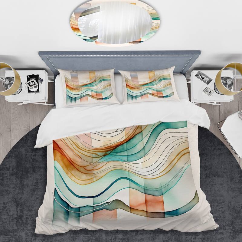 Designart "Multi-Color Abstract Waves I" Green Modern - Bed Cover Set With Shams