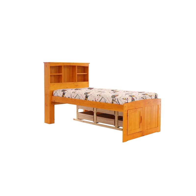 OS Home and Office Furniture Model Solid Pine Twin Captains Bookcase Bed with 6 drawers in Warm Honey