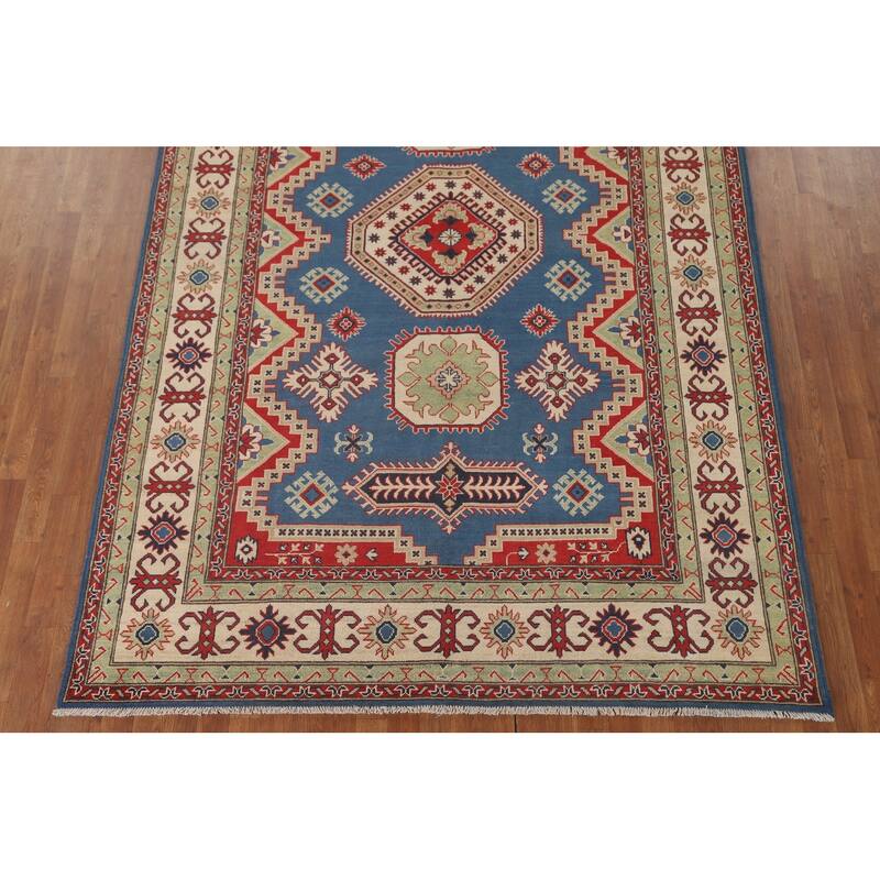Blue Geometric Kazak Oriental Rug Handmade Traditional Wool Carpet - 6'8" x 10'1"