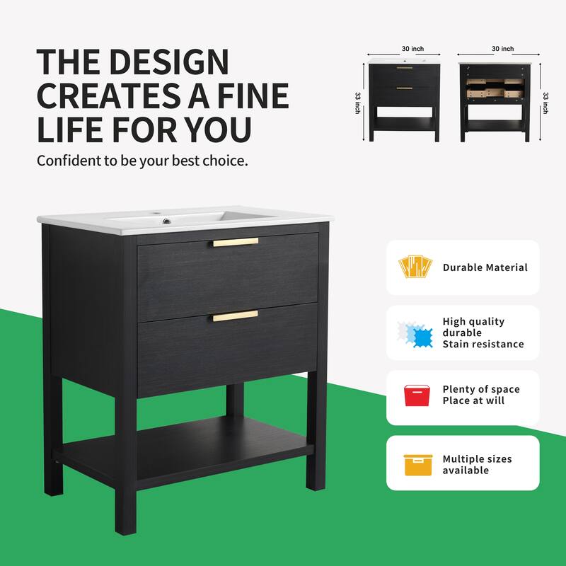 BNK 30/36 Inch Bathroom Vanity With Single Sink,Modern Bathroom Vanities With Soft Close Drawer And Shelf