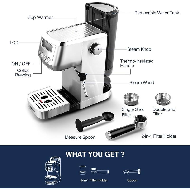 AMZCHEF Espresso Machines 20 Bar, Espresso Maker with Milk Frother & LCD Panel,Compact Cappuccino Machines for Home Gifts