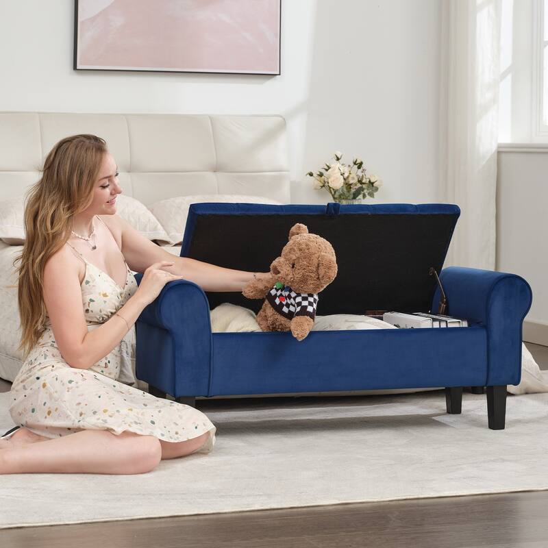 Velvet Storage Bench With Rubber Wood Legs for Bedroom