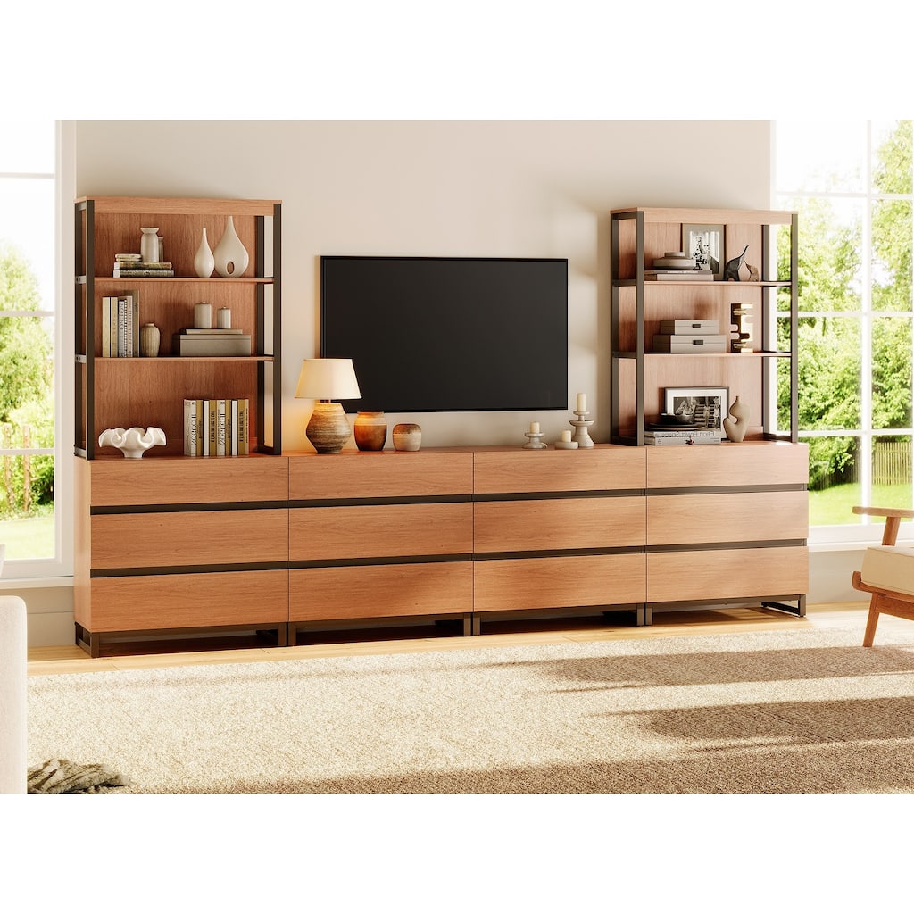 WAMPAT Modern TV Stand with 3 Tiers Bookshelf, Farmhouse Entertainment Center with 12 Drawers and Adjustable Shelf