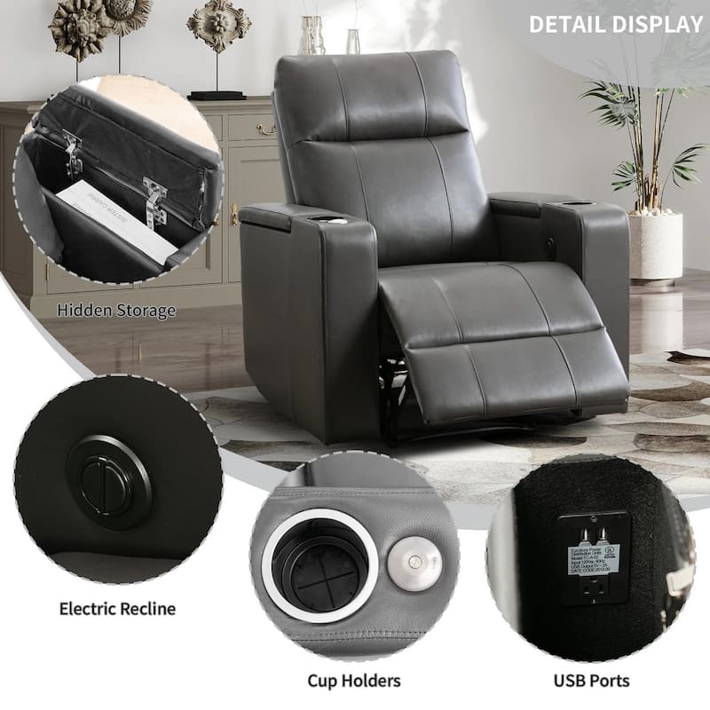 Electric Recliner for Living Room Home Seating Leather Reclining Chair with Cup Holders USB Ports and Hidden Storage