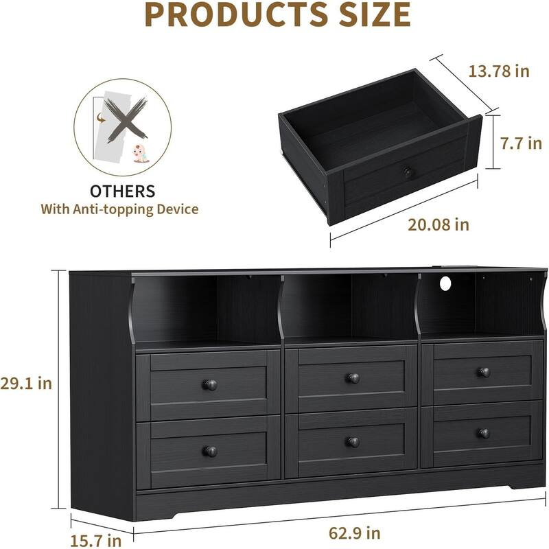 6 Drawer Dresser TV Stand for Bedroom with Charging Station & LED Lights