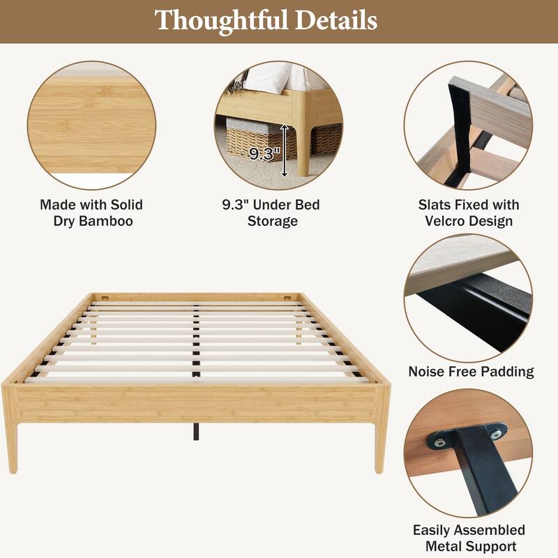 GDFStudio - Mid-Century Solid Bamboo Platform Bed Frame with Velcro Slat Metal Support & Noise-Free Pad, No Box Spring Needed