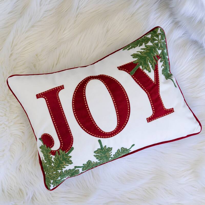 JOY Embroidered Christmas Throw Pillow - 14x20" Velvet Lumbar Cushion in Red and White with Green Holiday Accents
