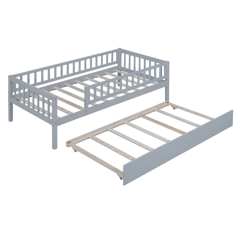 Twin Size Wood Daybed with Pull-Out Trundle and Safety Guardrails in Gray