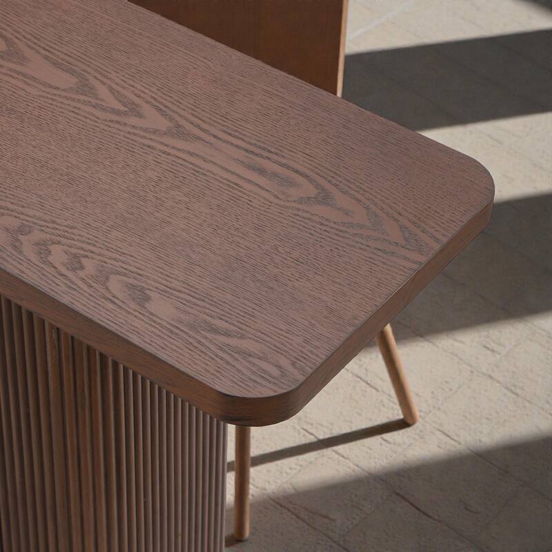 Modern Console Table with Ash Veneer Top & Fluted Base, Metal Accent Entryway Table for Hallway & Living Room