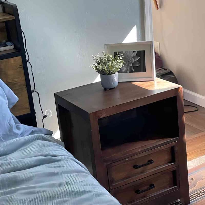 Rustic Dark Brown Solid Wood 2-Drawer Nightstand Bedside Table