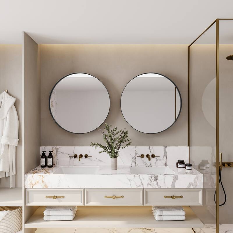 31.5 Inch Surface Mount Round Metal Framed Medicine Cabinet with Mirror and Adjustable Shelves Black Wall Mirror with Storage