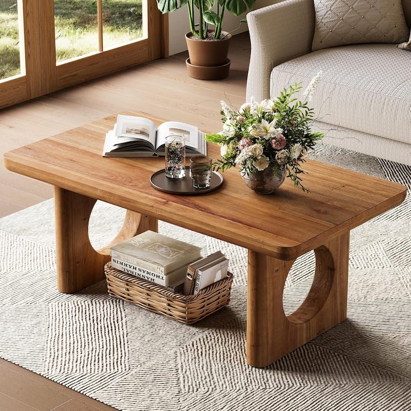 47" Rectangle Solid Wood Coffee Table, Farmhouse Center Table for Living Room - 47.24" W × 23.62" D × 17.72" H - Natural Wood