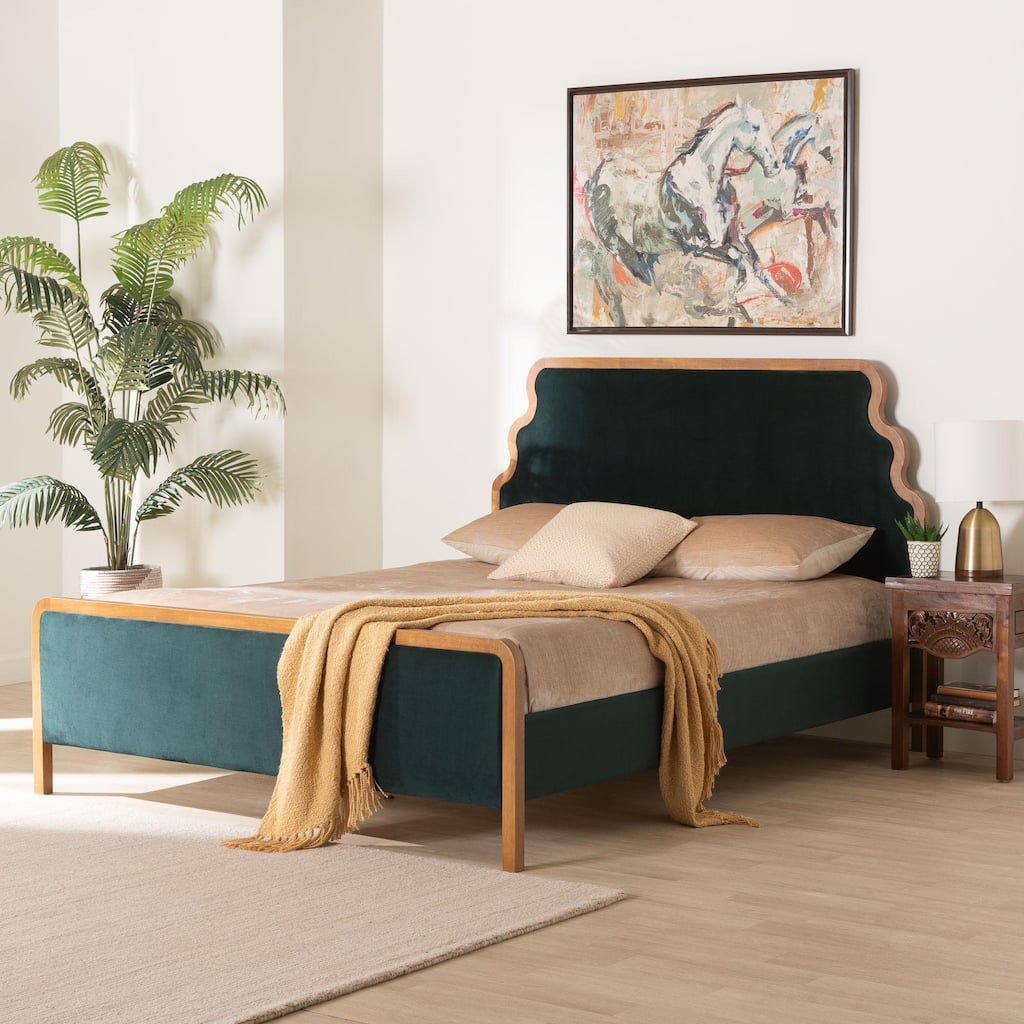 Gerianne Velvet Upholstered Platform Bed - Classic European Bed Frame with Scalloped Headboard and Wood Trim