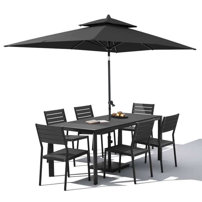 9-Piece Outdoor Patio Dining Set Wood Like Aluminum Umbrella Hole Table with Stackable Chairs, Market Umbrella and Base