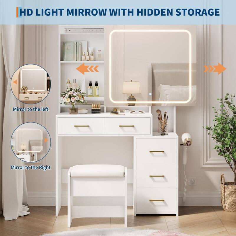 Makeup Vanity Table with Mirror, 5 Drawers, Stool, Charging Station, Hair Dryer Holder