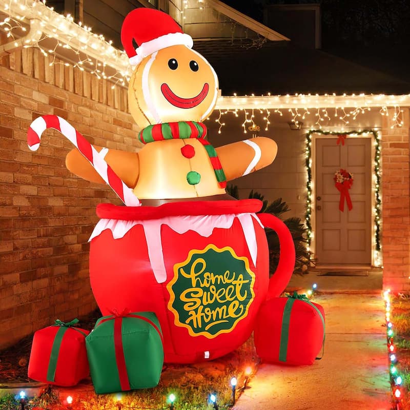 Christmas Inflatable Gingerbread Man Mug Xmas Blow up Yard Candy Boxes - Multicolor