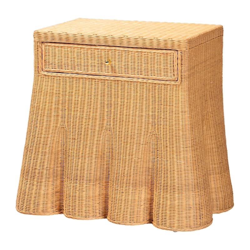 Chica Scalloped Natural Rattan Console Table with Drawer - Handwoven Wicker Accent Table with Flared Skirt, Coastal Boho Style - Light Honey