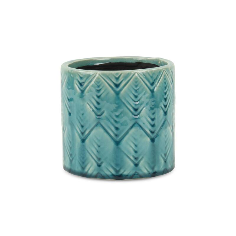 HomeRoots Turquoise Ceramic 22 Ounce Geometric Round Distressed Pot Planter - 5.50 in. x 5.25 in. x 5.50 in.