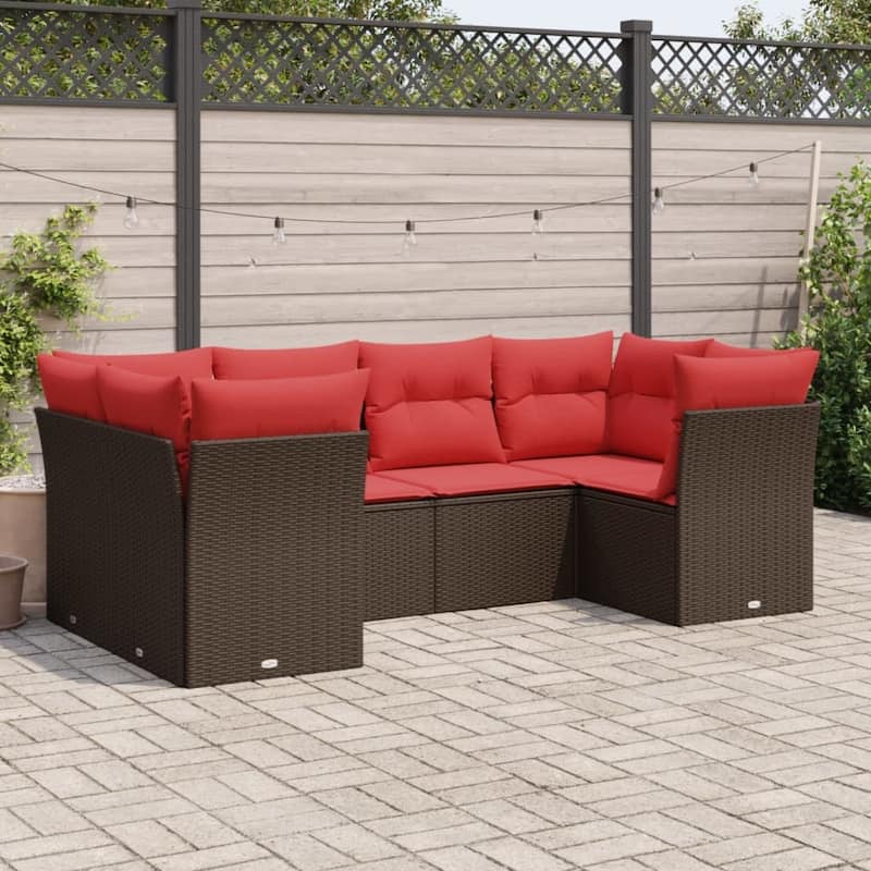 vidaXL 6 Piece Patio Sofa Set with Cushions Brown/Gray Poly Rattan - 21.7 x 24.4 x 27.2