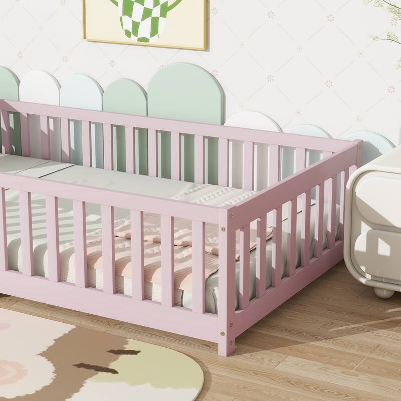 Montessori Twin Size Toddler Floor Bed with Fence without Door, Open-row Design Wood Frame Platform Bed with Safety Guardrails