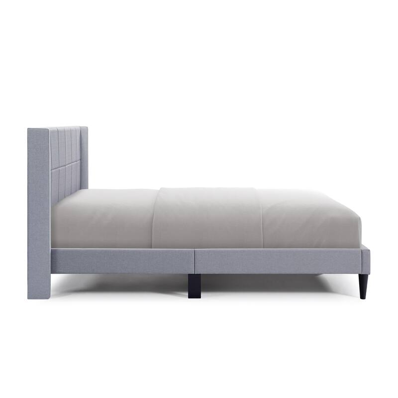Queen Bed Frame with Wingback/Linen Upholstered Platform Bed with Square Stitched Headboard/Wood Slats Support/Solid Wood Legs