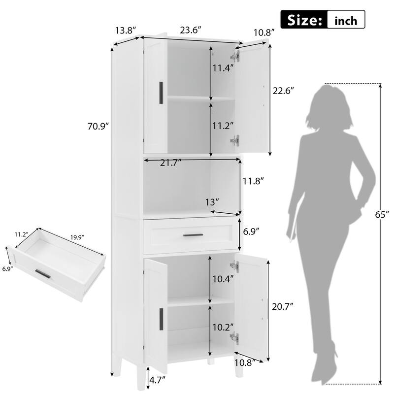 Modern Tall Bathroom Cabinet with Adjustable Shelves, Soft Close Doors, Drawer, Open Storage, 70.9" Freestanding