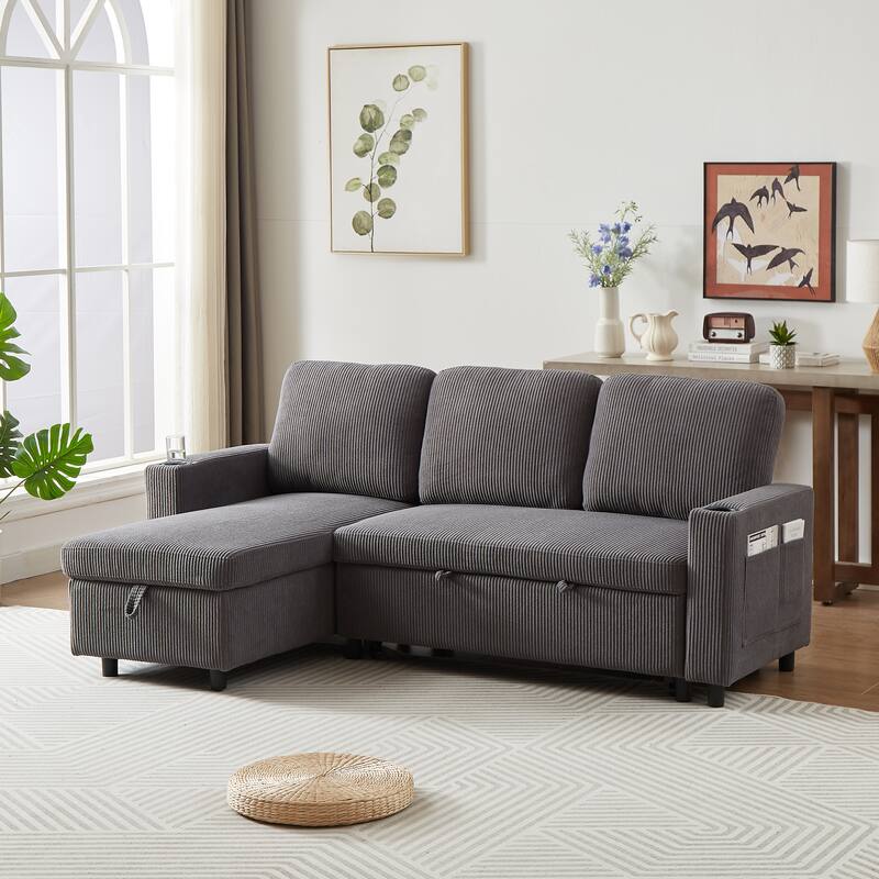 L-Shaped Corduroy Sofa Bed with Pull-Out Sleeper, Reversible Design