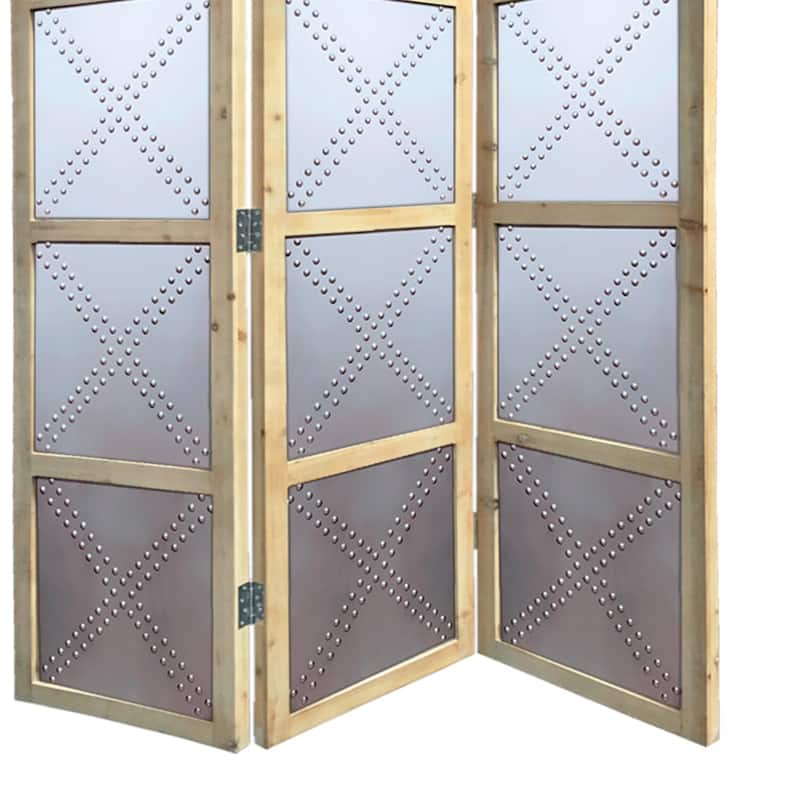 Contemporary 3 Panel Screen with Wood Frame & Nailhead Trim Design, Gray