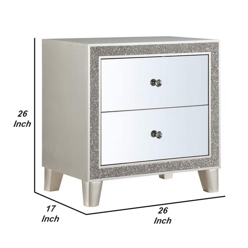 Nightstand with Mirrored Front 2 Drawers, Champagne Silver