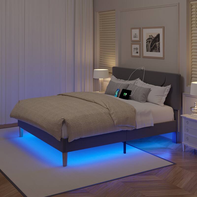 Javlergo Bed Frame with Smart LED Lights, Velvet Bed Frames with USB Charging Station, Modern Platform Bed