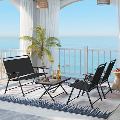 4-Piece Outdoor Foldable Furniture Set with Metal Frame Chairs and Coffee Table for Poolside and Backyard - 35" x 20" x 16"