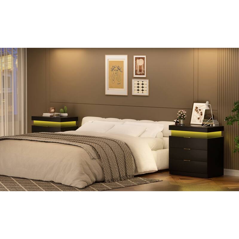 LED Lights Nightstand with Charging Station, Smart Wooden Nightstand, Storage Cabinet with Sliding Top & 3 Drawers