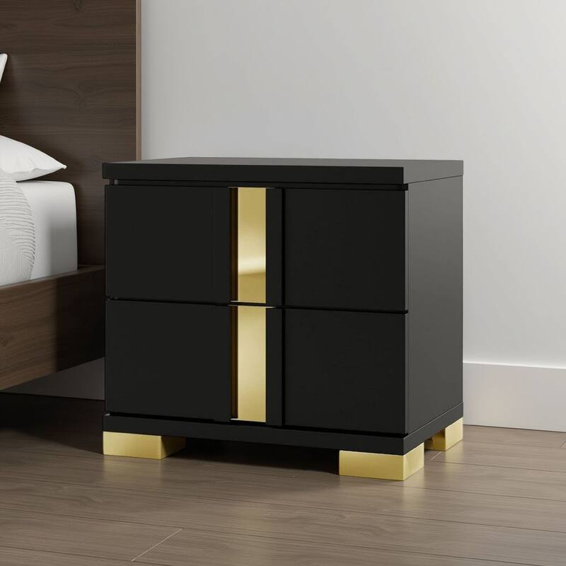 Yoki Nightstand, 2 Drawers, Modern Glam Black and Gold, 23 Inch