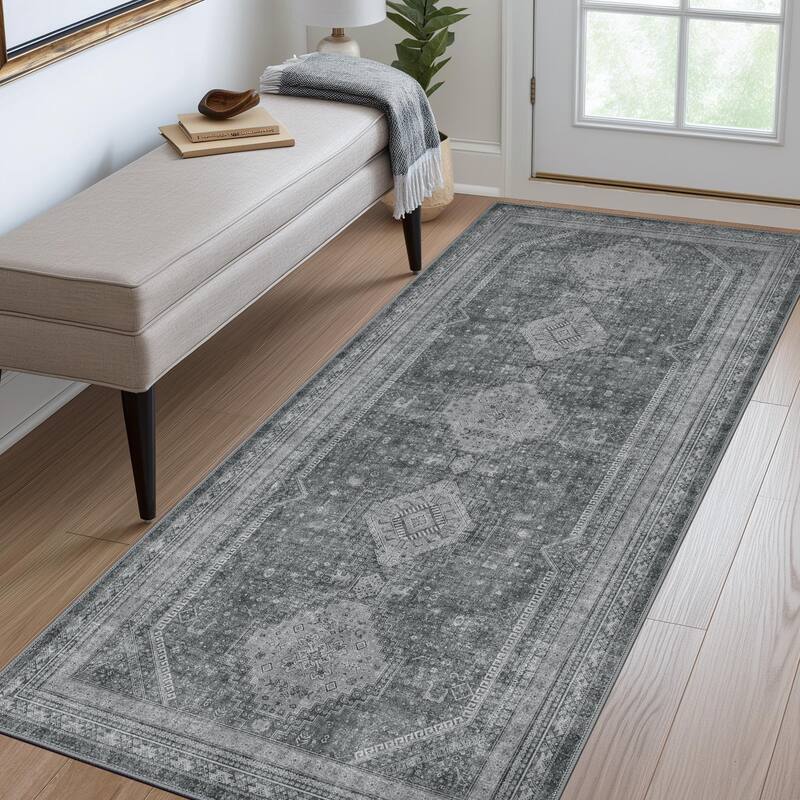 Mcow Faded Floral Vintage Low-Pile Machine Washable Non-Slip Area Rug - 2'X5' - Grey - Rectangle