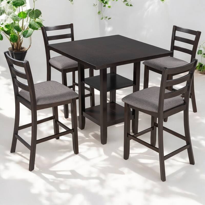 5-Piece Wooden Counter Height Dining table Set with Padded Chairs & Storage Shelf for Dining Room and Kitchen