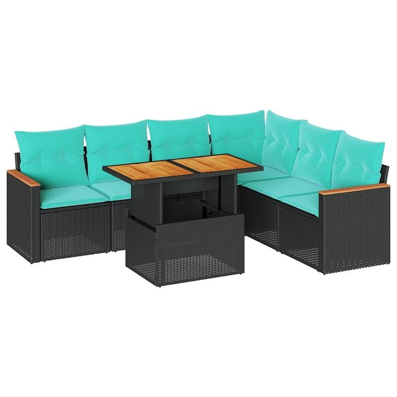 vidaXL 7 Piece Patio Sofa Set with Cushions Black Poly Rattan - 21.7 x 24.4 x 27.2