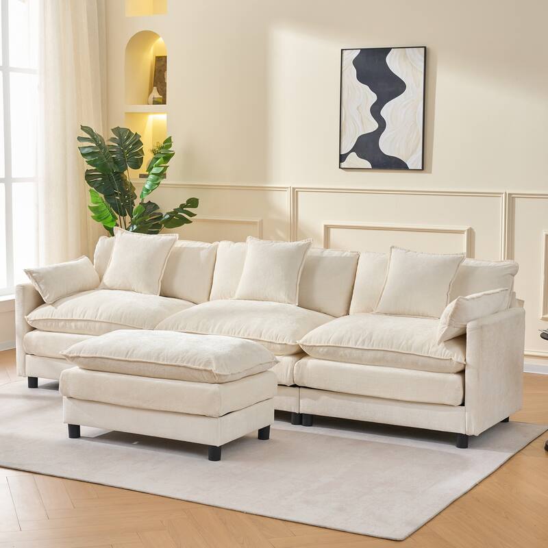 108" L-Shaped Sectional Sofa with Ottoman, 4-Seat Chenille Deep Seat Couch with Pillows, Modern Oversized Sofa for Living Room