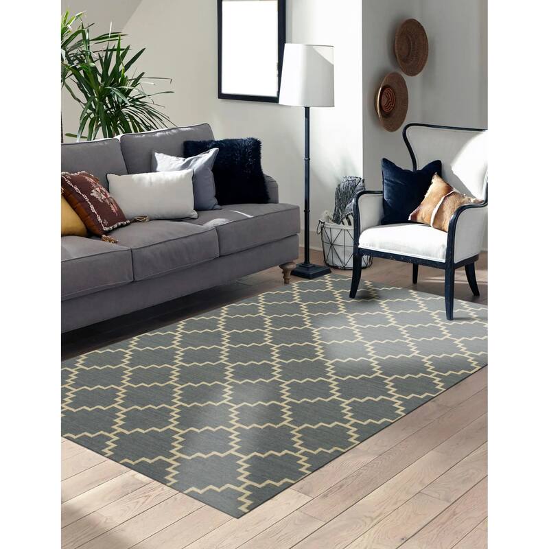 Blue Contemporary Trellis Flatweave Reversible Moroccan Area Rug - Stylish and Versatile - 10' x 14'