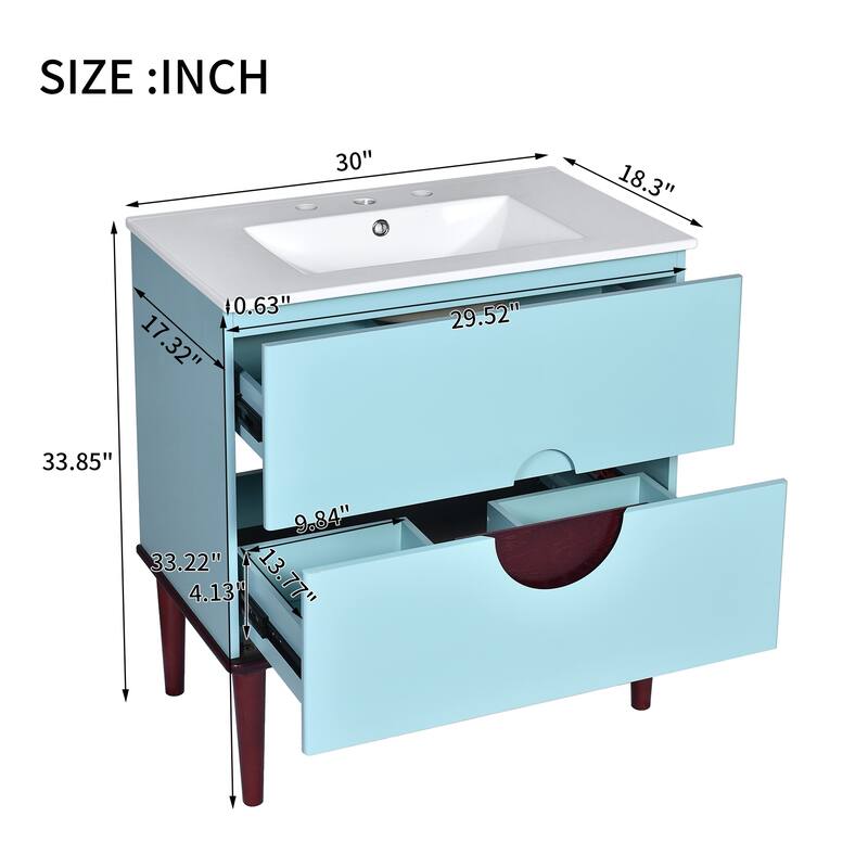 30'' Bathroom Vanity Cabinet with Ceramic Sink Combo Set, Solid Wood Frame Modern Bathroom Storage Cabinet with 2 Drawers, Blue