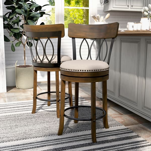 slide 2 of 35, Furniture of America Wynn Wood and Fabric Swivel Bar Chair (Set of 2)