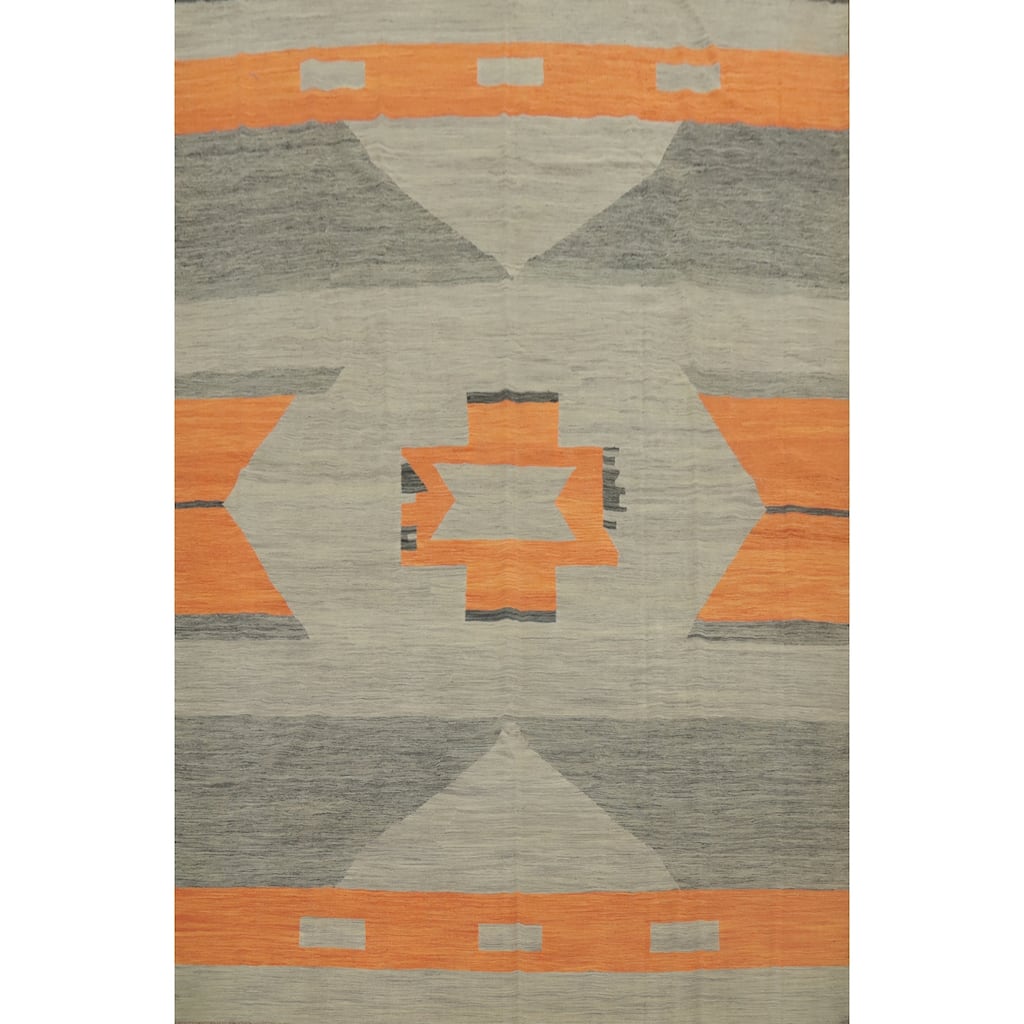 Hand Woven Oriental 100% Wool Carpet Southwestern Tribal Greys & Charcoal Kilim Area Rug - 13' 0'' X 9' 11''