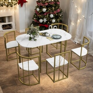 TOPMAX Modern 7-Piece Dining Table Set with Faux Marble Compact 55Inch Kitchen Table Set for 6, White+Cherry
