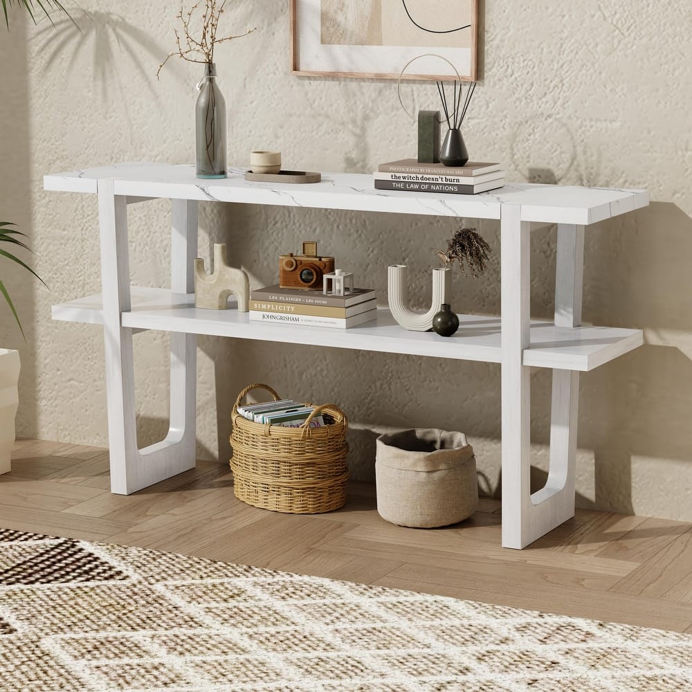 Retro Elegant Console Table with Marble-Effect Top and Versatile Storage Solutions for Entryway and Living Room