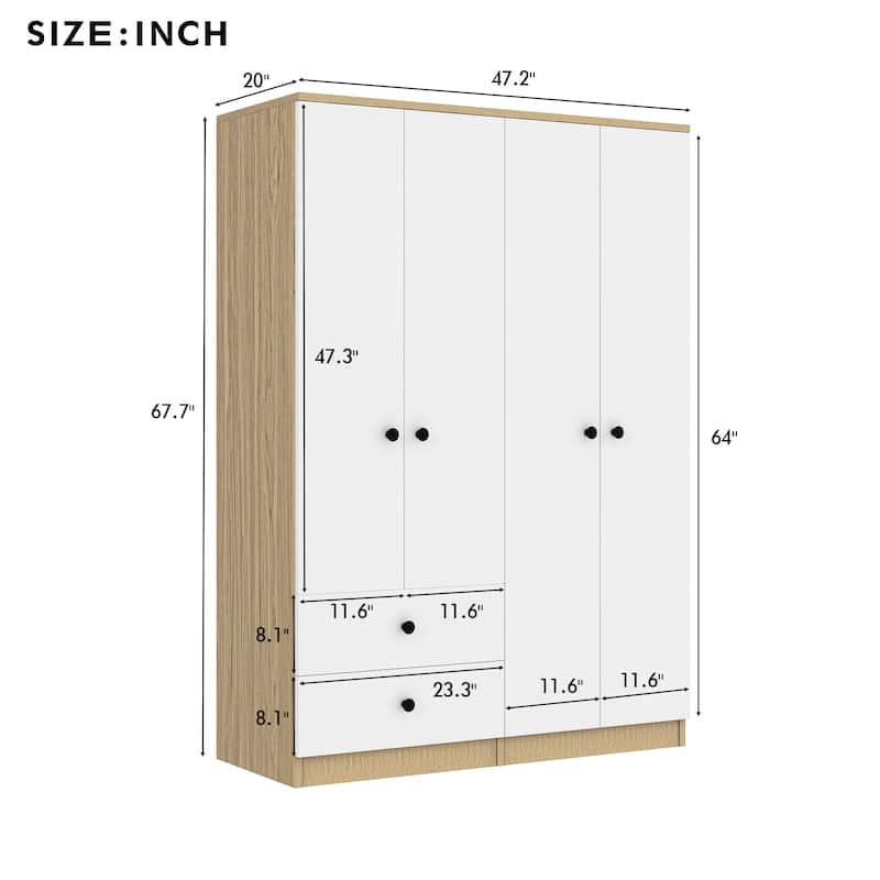 Roomfitters 4-Door Wardrobe Closet with Hanging Rod, Interior Shelf and Panel Storage Space, White