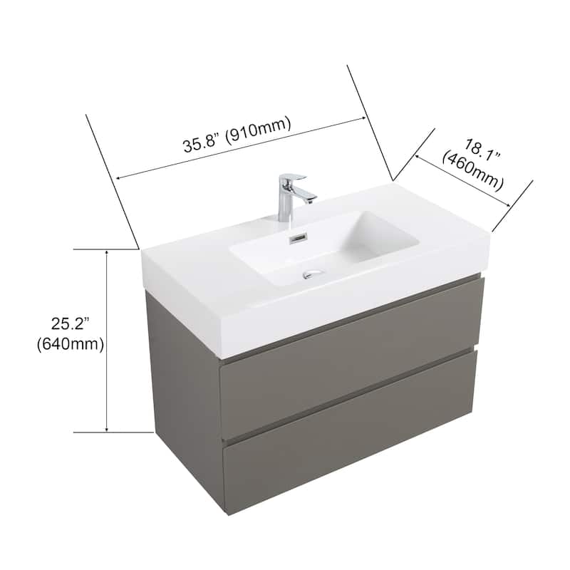 GDFStudio - Naomi Modern Floating Bathroom Vanity with Silent Drawers and Pre-Assembled One-Piece Sink