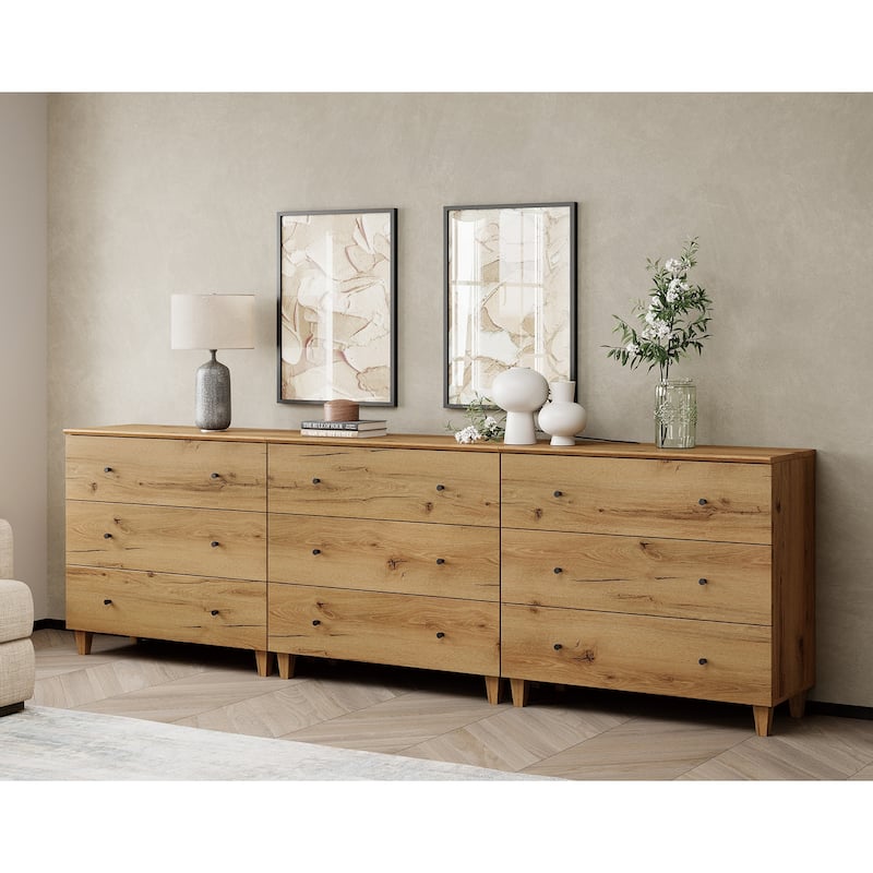WAMPAT Dresser with 3 Drawers, 35.4" Wide Chest of Drawer for Bedroom - Rustic Brown - 9-drawer